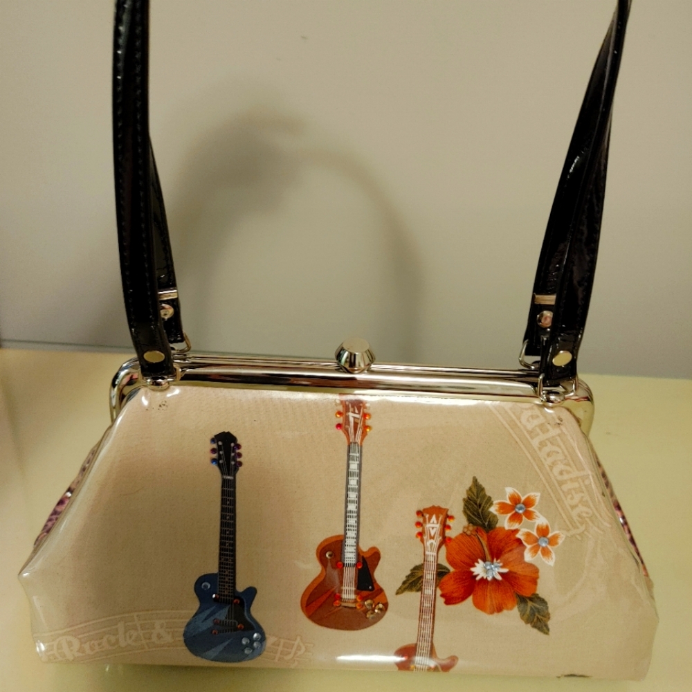 Women's Beige Guitar & Floral Vinyl Frame-Top Handbag